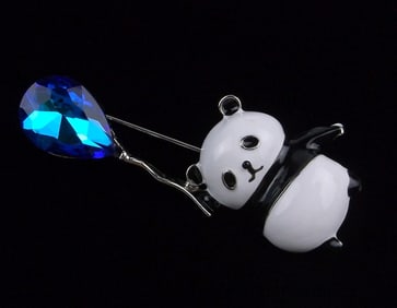 Mint Enameled Rhinestone Panda Bear Balloon Brooch