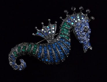 Mint Enameled Rhinestone Seahorse Brooch Life Size