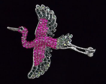 Mint Enameled Rhinestone Bird Crane Brooch