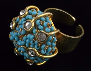 Mint Big Gold Over Sterling Silver Blue Bead Ring 7-9 Adjustable