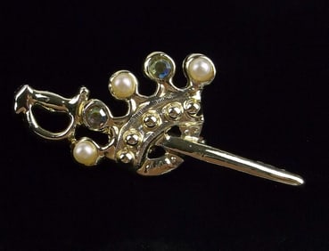 Mint Vint 1950s Enameled Rhinestone Sword Crown Brooch