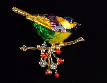 Mint Enameled Rhinestone Bird Brooch