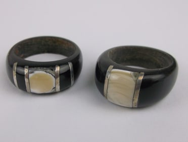 Stunning Vint Sterling Silver Shell Carved Horn Rings 7 7.5