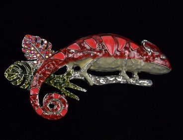 Mint Enameled Rhinestone Chameleon Brooch
