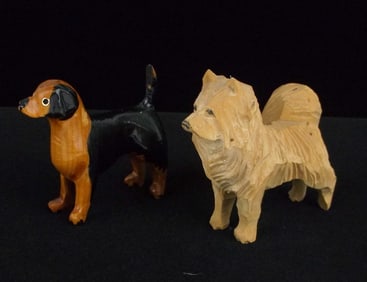 2 Mint 1960s Vintage Hand Carved Dog Figurines