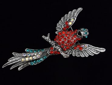 Mint Enameled Rhinestone Bird Brooch