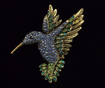 Mint Enameled Rhinestone Hummingbird Brooch