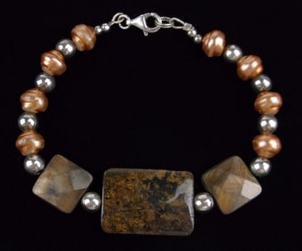 Mint Vintage Sterling Silver Pearl Gemstone Bracelet 7.5"