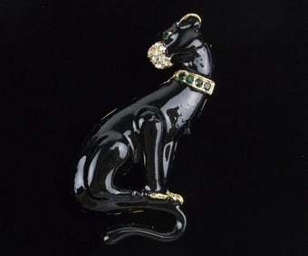 Mint Enameled Rhinestone Panther Brooch