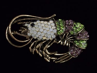 Mint Enameled Rhinestone Shrimp Brooch Life Size