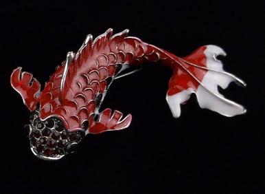 Big Mint Enameled Rhinestone Koi Fish Brooch
