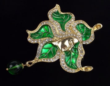 Big Mint Enameled Rhinestone Mother Nature Brooch
