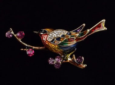 Mint Enameled Rhinestone Bird Brooch