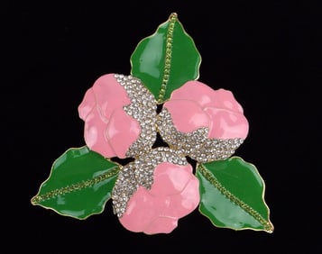 Big Mint Enameled Rhinestone Flower Brooch