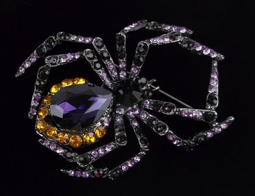 Big Mint Enameled Rhinestone Spider Brooch