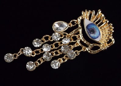 Mint Enameled Rhinestone All Seeing Eye Brooch