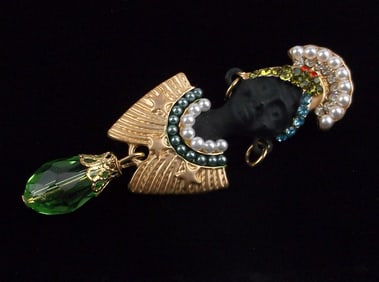 Mint Enameled Rhinestone African Queen Brooch