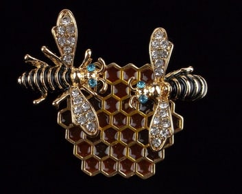 Mint Enameled Rhinestone Bee Beehive Honeycomb Brooch