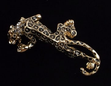 Mint Enameled Rhinestone Climbing Leopard Brooch