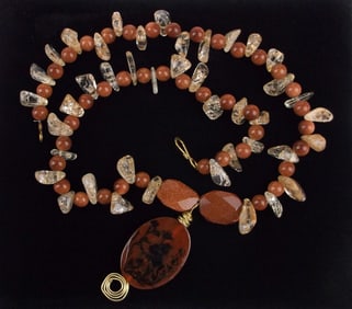 Mint Vint Smokey Quartz Red Calcite Goldstone Necklace 22"