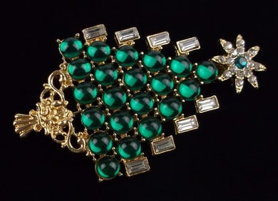 Mint Enameled Jelly Belly Rhinestone Christmas Tree Brooch