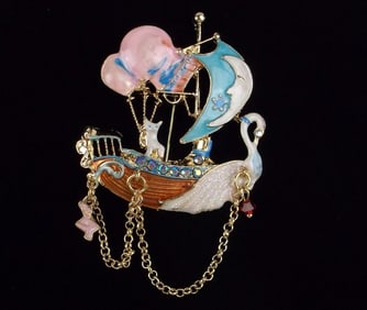 Mint Enameled Rhinestone Cat Swan Moon Airship Brooch
