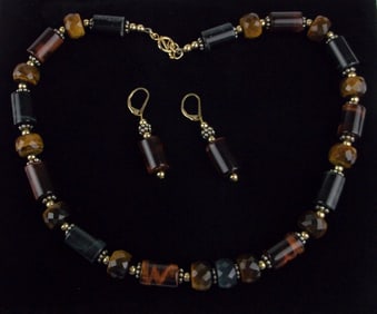 New Vintage 14kt GF Tigers Eye Necklace Earrings Set 18"