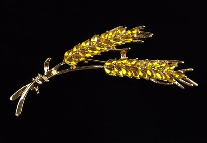 Mint Enameled Rhinestone Wheat Grass Brooch