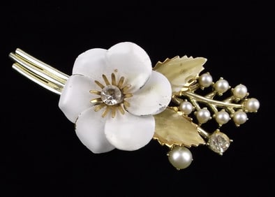 Stunning 1950s Coro Craft Enameled Rhinestone Flower Brooch