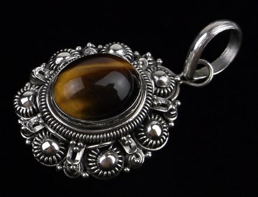 Mint Vintage Ornate Sterling Silver Tigers Eye Pendant
