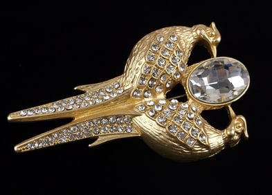 Big Mint Enameled Rhinestone Double Bird Brooch