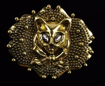 Big Mint Enameled Rhinestone Victorian Style Cat Brooch