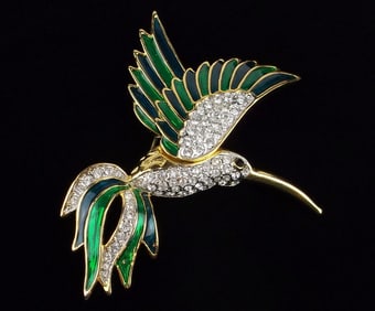 Big New Vintage Enameled Rhinestone Bird of Paradise Brooch