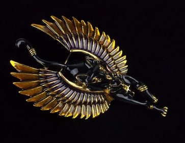 Mint Enameled Winged Bastet Egyptian Cat Brooch