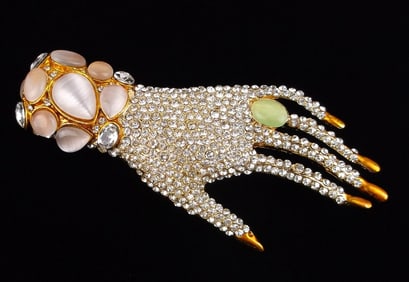 Big Mint Enameled Rhinestone Hand Brooch