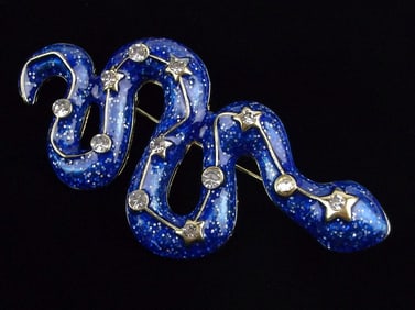 Mint Enameled Rhinestone Astrological Snake Brooch Big