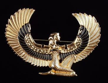 Big Mint Enameled Isis Egyptian Winged Goddess Brooch