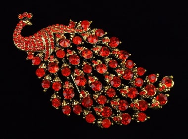 Mint Enameled Rhinestone Peacock Brooch Ruby Red