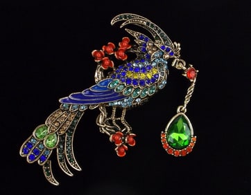 Big Mint Enameled Rhinestone Bird Of Paradise Brooch