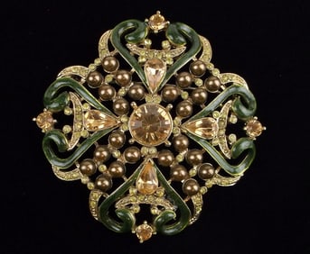 Big Mint Vintage Enameled Rhinestone Cross Brooch