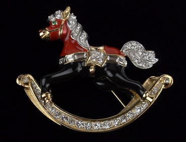 Mint Attwood Sawyer Rhinestone Rocking Horse Brooch Enameled