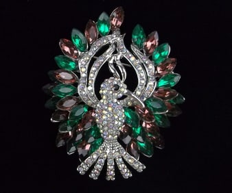 Mint Enameled Rhinestone Bird of Paradise Brooch