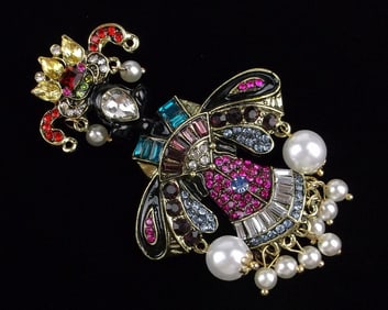 Mint Enameled Rhinestone Japanese Empress Brooch