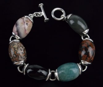 Huge Heavy Taxco Sterling Silver Gemstone Bracelet 8.5" TR97