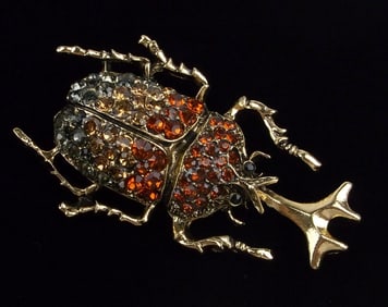 Big Mint Enameled Rhinestone Horned Beetle Brooch