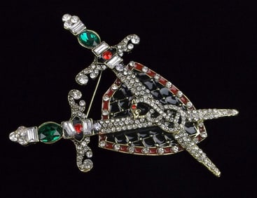 Mint Enameled Rhinestone Sword Snake Shield Brooch