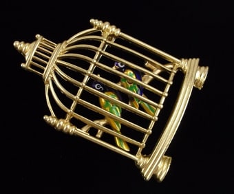 Big Mint Enameled Caged Birds Brooch