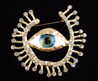 Mint Enameled Rhinestone All Seeing Eye Brooch