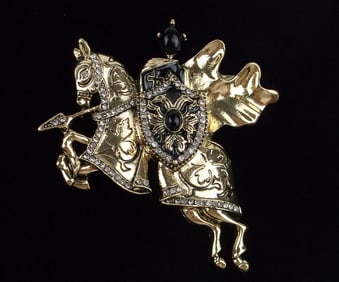 Big Mint Enameled Rhinestone Knight On Horse Brooch
