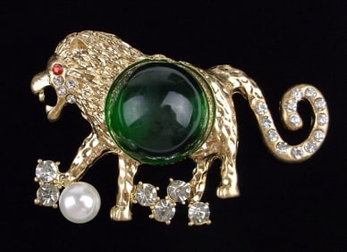 Big Mint Enameled Jelly Belly Rhinestone Lion Brooch